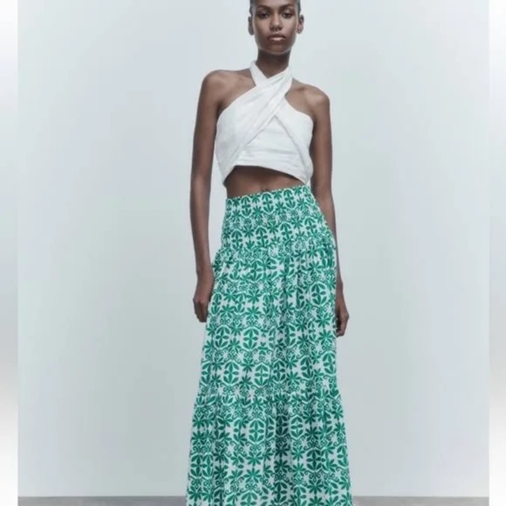 White/Green Print Zara Maxi Skirt